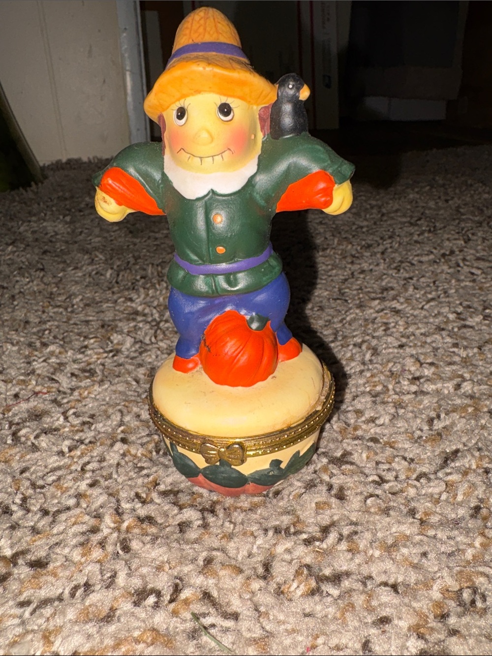 Vintage Fall Scarecrow Pumpkin Crow Collectable Ceramic Hinged Ring Trinket Box